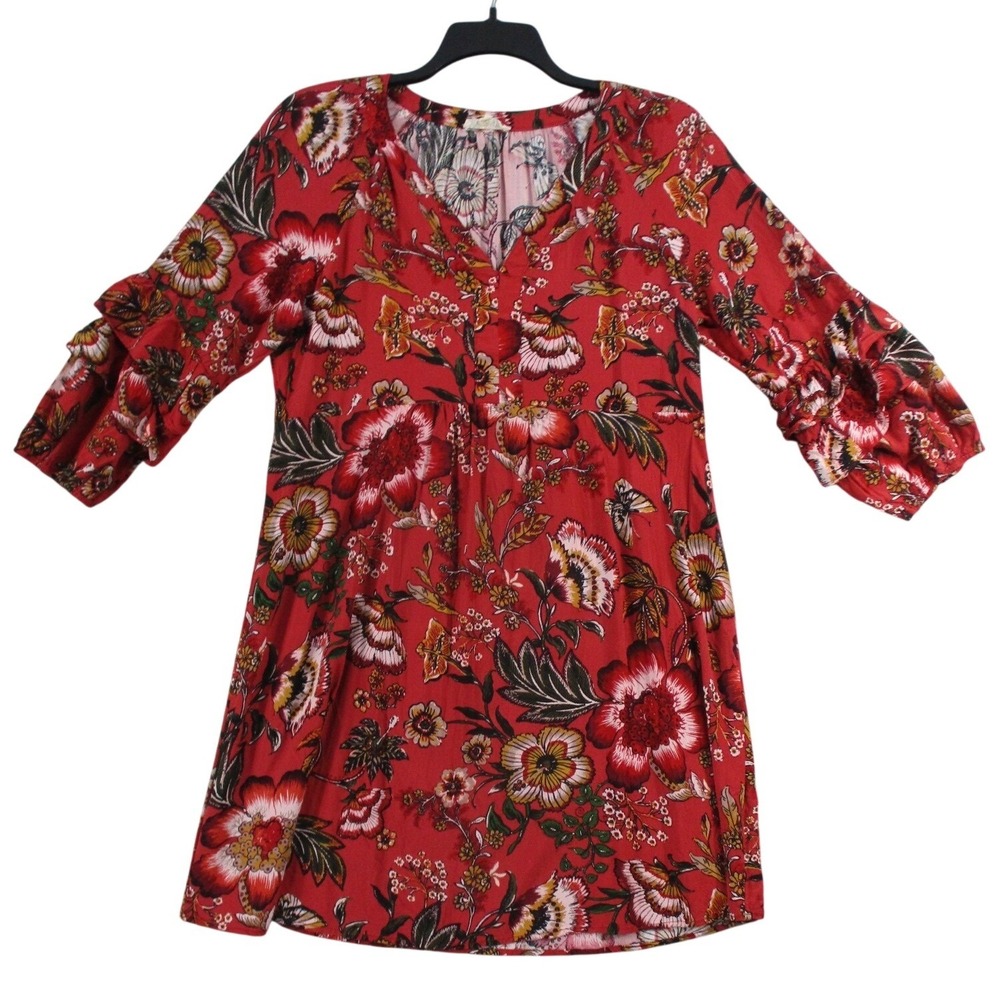 Hope Springs Womens Red Floral Ruffle Sleeve V-Neck Tunic Top Large 100% Rayon
